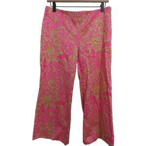 Lilly Pulitzer Sz 6 Pink Green Tropical Print Wide Leg Cropped Pants Resortwear